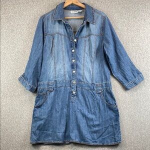 Vtg Jeanology denim midi dress dropped waist roll tab sleeve chambray cowgirl
